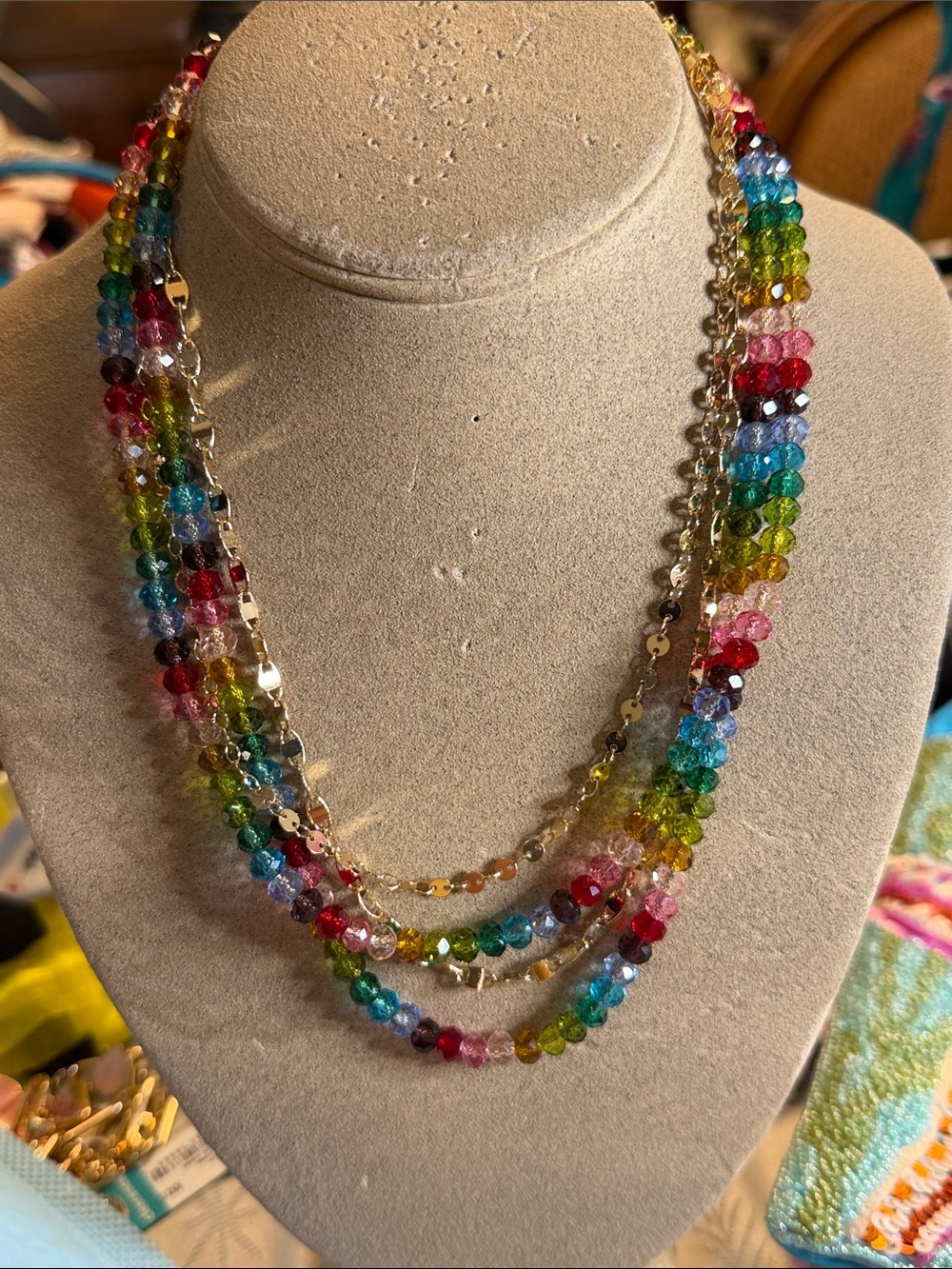 Guess Multicolor Beaded Layered Necklace with Gold-Tone Accents